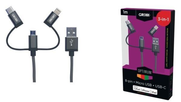 Grixx 3-in-1 kabel, voor alle typen smartphones